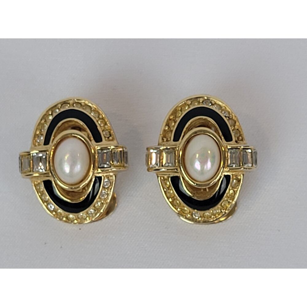 Christian Dior Vintage Black Enamel, Crystal & Faux Pearl Clip Earrings Signed - Picture 2 of 9